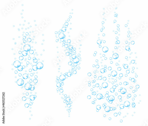 Underwater bubbles of fizzing soda. Streams of air. Dissolving tablets. Realistic oxygen pop in effervescent drink. Blue vector sparkles on white background.