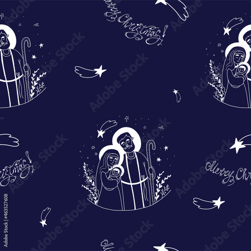 Seamless pattern Christmas Jesus Christ. Vector illustration of Holy Family - Theotokos Virgin Mary, Joseph and baby Jesus on blue background with decor and Star of Roch. Linear hand draw, outline