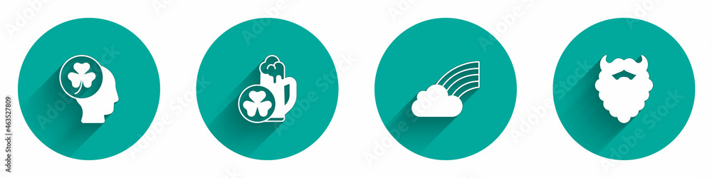 Set Head with clover trefoil leaf, Glass of beer, Rainbow cloud and Mustache and beard icon with long shadow. Vector Set Head with clover trefoil leaf, Glass of beer, Rainbow cloud and Mustache and beard icon with long shadow. Vector