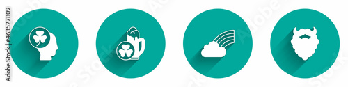 Set Head with clover trefoil leaf, Glass of beer, Rainbow cloud and Mustache and beard icon with long shadow. Vector