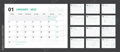 2022 calendar planner set for template corporate design week start on Monday.