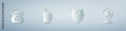 Set Pot of gold coins, Glass beer, Mustache and beard and Clover trefoil leaf. Paper art style. Vector