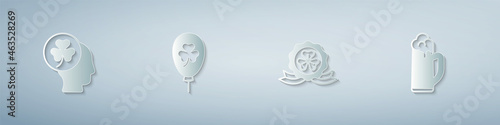 Set Head with clover trefoil leaf, Balloon, Medal and Glass of beer. Paper art style. Vector