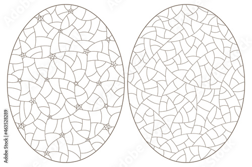 Set of contour illustrations of stained glass with abstract background images, dark contours on white background, oval images