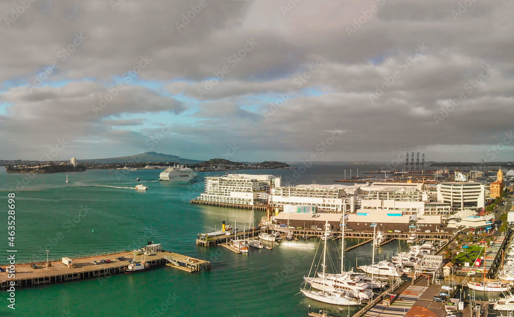 Panoramic aerial view of Auckland from helicopter, New Zealand