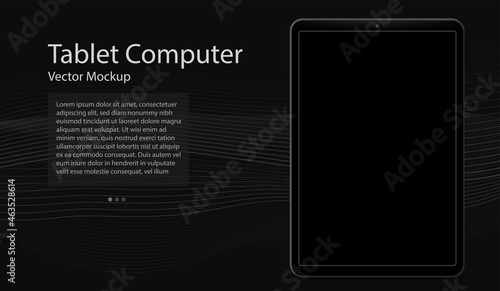 Tablet computer vector mockup template with black screen and dark colored abstract background.