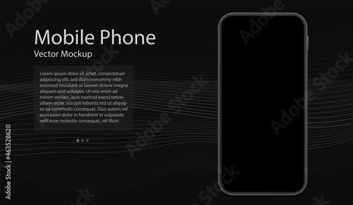 Frameless mobile phone vector mockup template with black screen and dark colored abstract background.