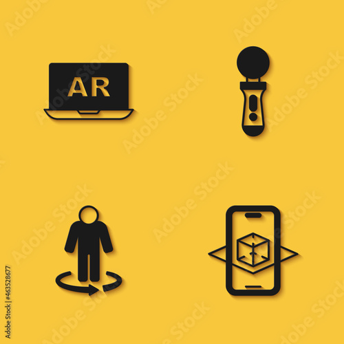 Set Augmented reality AR, 3d modeling, and VR controller game icon with long shadow. Vector