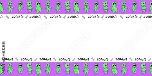 Background, frame for Halloween with cute outline green zombies in doodle style. Horizontal top and bottom edging, border, decoration for greeting card, invitation, party poster, banner