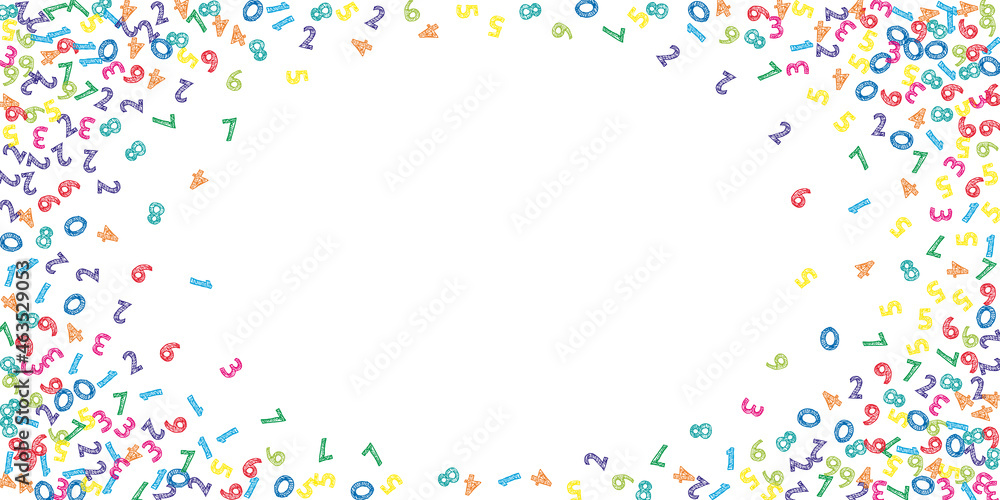 Falling colorful sketch numbers. Math study concept with flying digits. Creative back to school mathematics banner on white background. Falling numbers vector illustration. Falling colorful sketch numbers. Math study concept with flying digits. Creative back to school mathematics banner on white background. Falling numbers vector illustration.