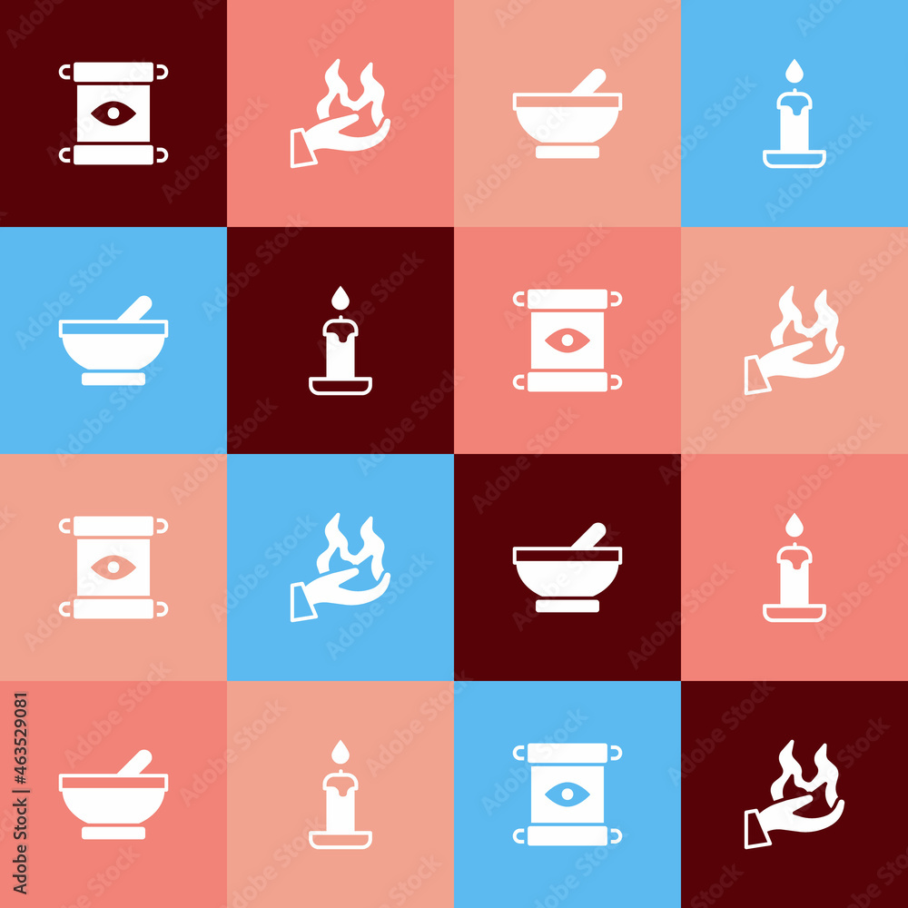 Set pop art Magic scroll, Hand holding fire, Witch cauldron and Burning candle icon. Vector Set pop art Magic scroll, Hand holding fire, Witch cauldron and Burning candle icon. Vector