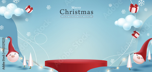 Merry Christmas banner with product display cylindrical shape and festive decoration