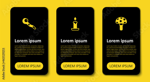 Set Psilocybin mushroom, Burning candle and Magic staff. Business infographic template. Vector