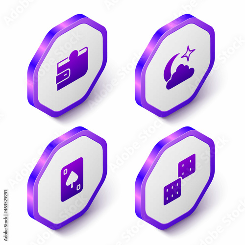 Set Isometric Wallet, Moon and stars, Playing cards and Game dice icon. Purple hexagon button. Vector