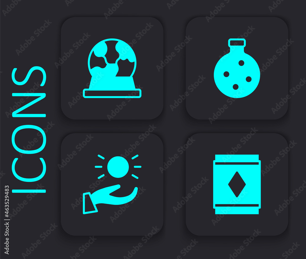 Set Magic carpet, ball, Bottle with potion and Ball levitating above hand icon. Black square button. Vector Set Magic carpet, ball, Bottle with potion and Ball levitating above hand icon. Black square button. Vector