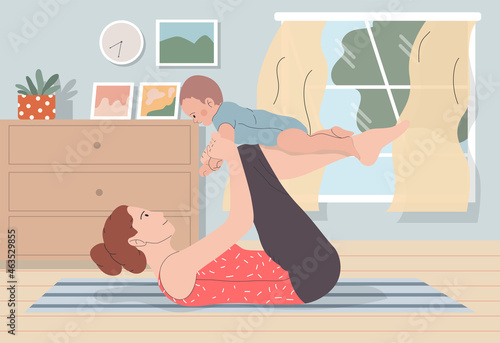 young mother doing yoga exercise routine with baby in the living room at home vector illustration