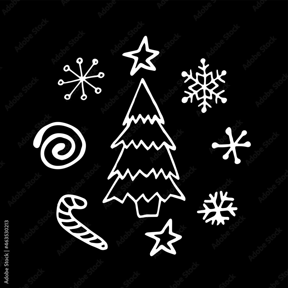 Christmas doodle tree. Vector illustration hand-drawn by liner. The simple fir tree for New Year, cozy winter, Christmas.