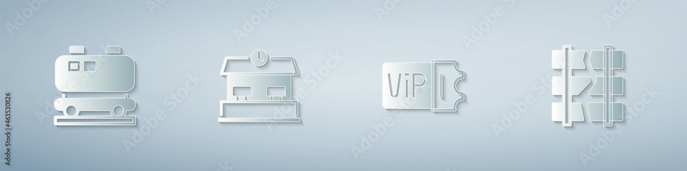 Set Oil railway cistern, Railway station, Train ticket and Broken or cracked. Paper art style. Vector Set Oil railway cistern, Railway station, Train ticket and Broken or cracked. Paper art style. Vector