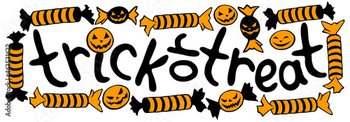 Trick or treat - Vector black hand drawn inscription in horizontal rectangular frame of candies in different wrappers in Halloween style. Festive banner, title, decoration in flat style