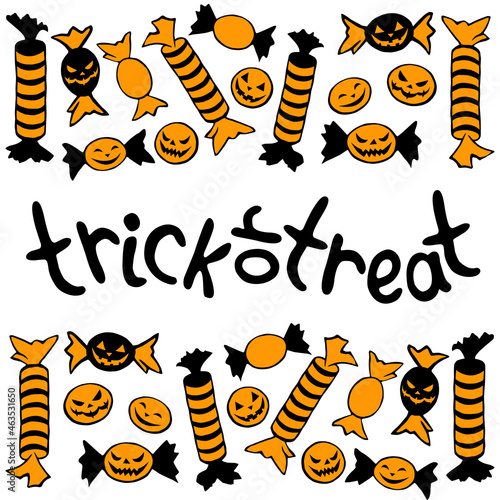 Trick or treat -lettering in frame of candy in different wrappers in Halloween style. Horizontal top and bottom edging, border of sweets. Background for guising, invitation, party poster