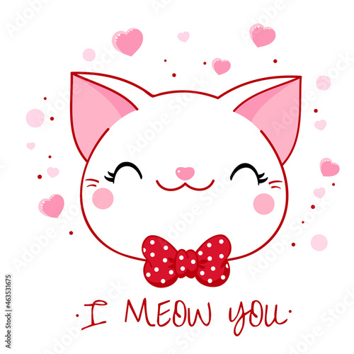 Cute Valentine card in kawaii style. Lovely cat with bow and pink hearts. Inscription I meow you. Can be used for t-shirt print, stickers, greeting card design. Vector illustration EPS8