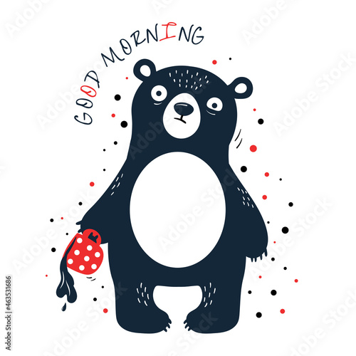 Dissatisfied and sleepless bear. Inscription Good morning. Funny and crazy displeased bear with coffee cup. Can be used for t-shirt print, card, poster. Vector illustration EPS8