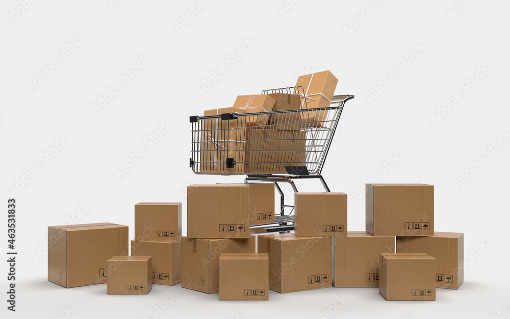 Packaging cardboard boxes paper with shopping carts. Delivery, cargo, logistic and transportation warehouse storage concept. 3D Rendering Packaging cardboard boxes paper with shopping carts. Delivery, cargo, logistic and transportation warehouse storage concept. 3D Rendering