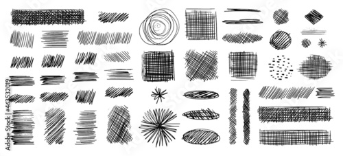 A collection of crossed strokes of different scribble shapes, ovals, squares or rectangles. A set of dashed underline and highlighter lines. Diagonal, vertical or parallel vector lines.