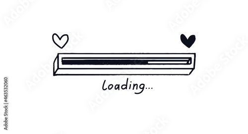 Doodle love loading bar. Hand-drawn 3D progress bar from empty heart to full. Black on white concept of web page upload with signature. Vector illustration isolated on white background.