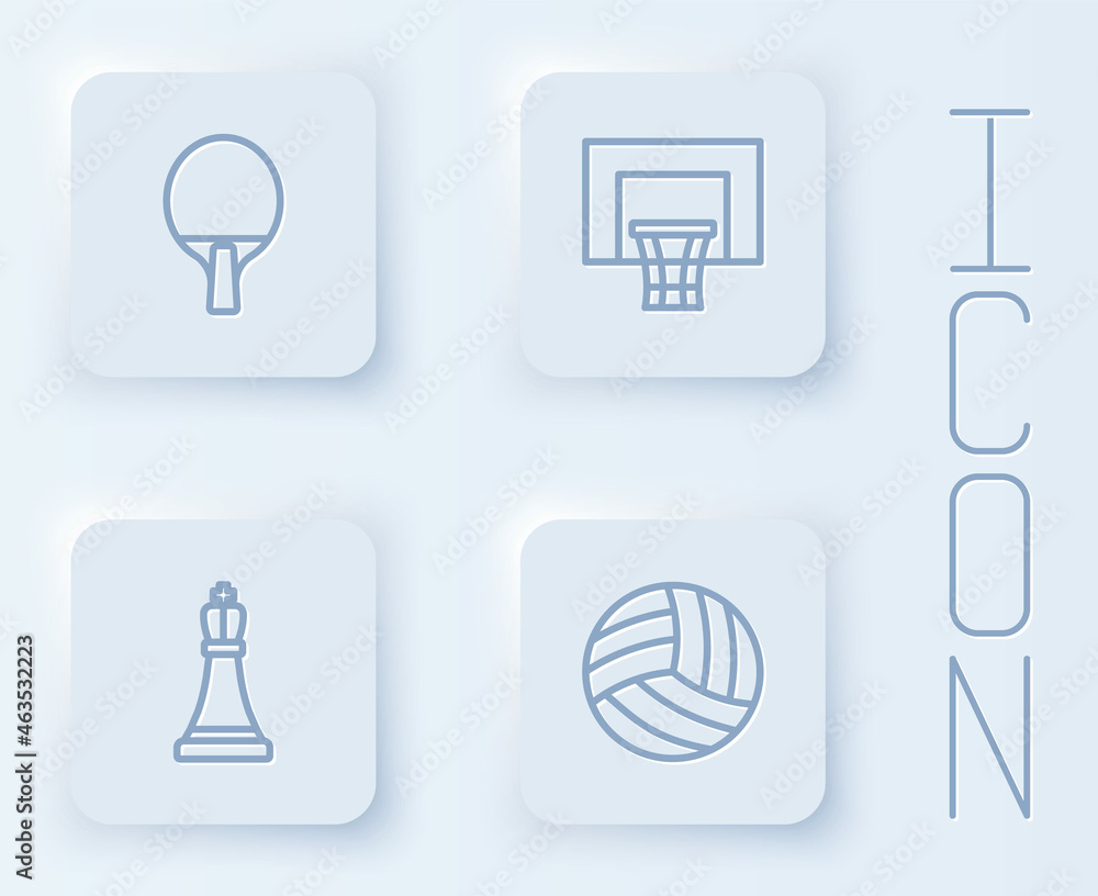 Set line Racket, Basketball backboard, Chess and Volleyball. White square button. Vector Set line Racket, Basketball backboard, Chess and Volleyball. White square button. Vector