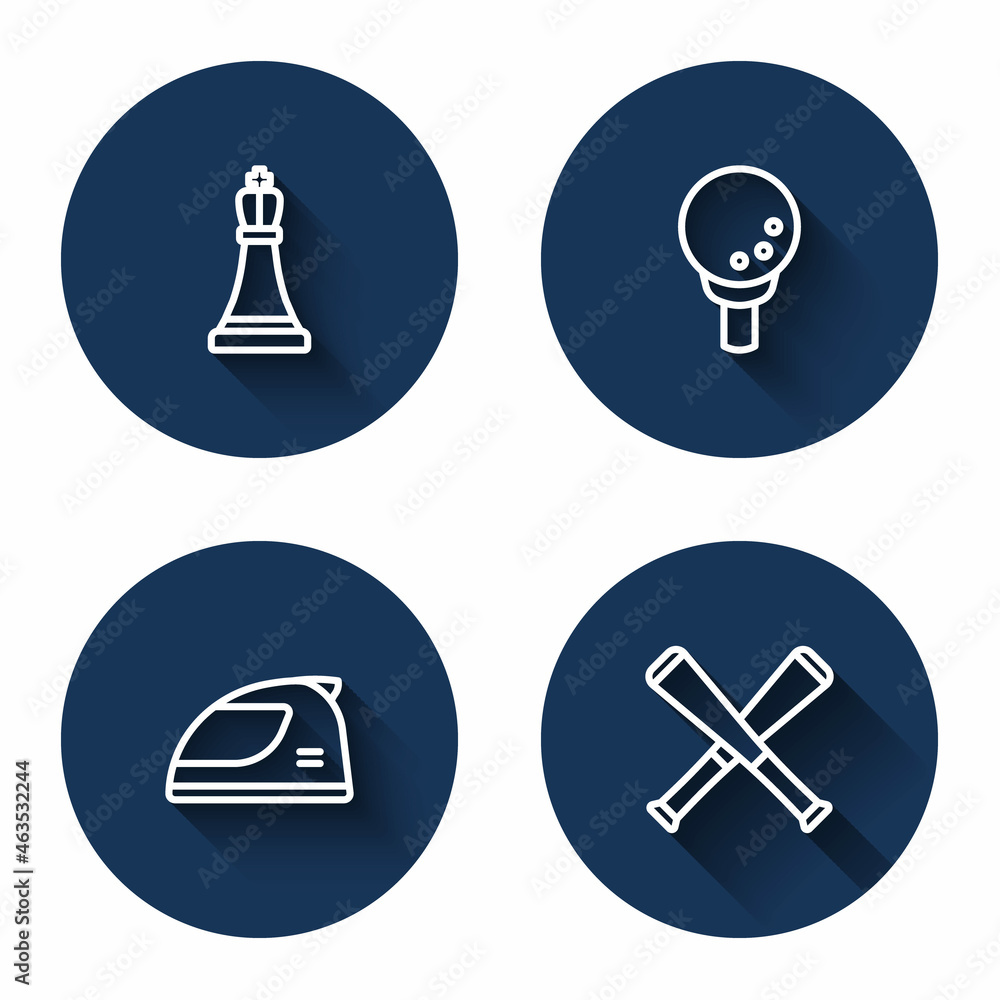 Set line Chess, Golf ball on tee, Racing helmet and Crossed baseball bat with long shadow. Blue circle button. Vector