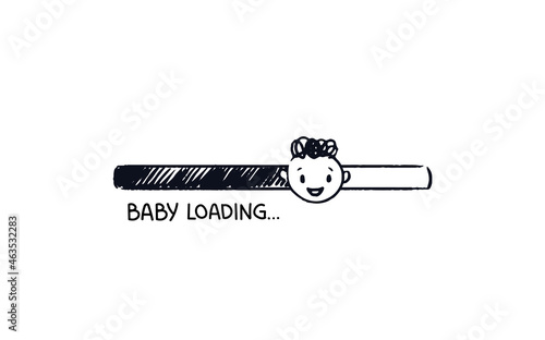 Baby loading. Hand drawn progress bar with download status cute kid face. Black on white shaded stripe of expected birth. Baby coming soon concept vector illustration isolated .