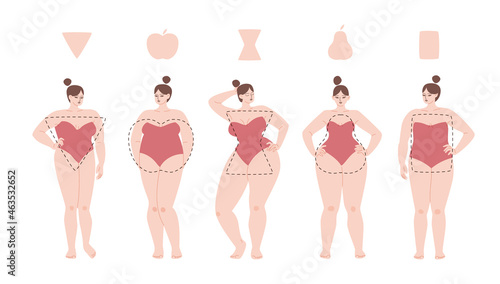 Pretty women are apple, triangle, hourglass and rectangle body types. Diverse women in swimsuits stand in a row. Vector illustration of overweight chubby girls isolated.