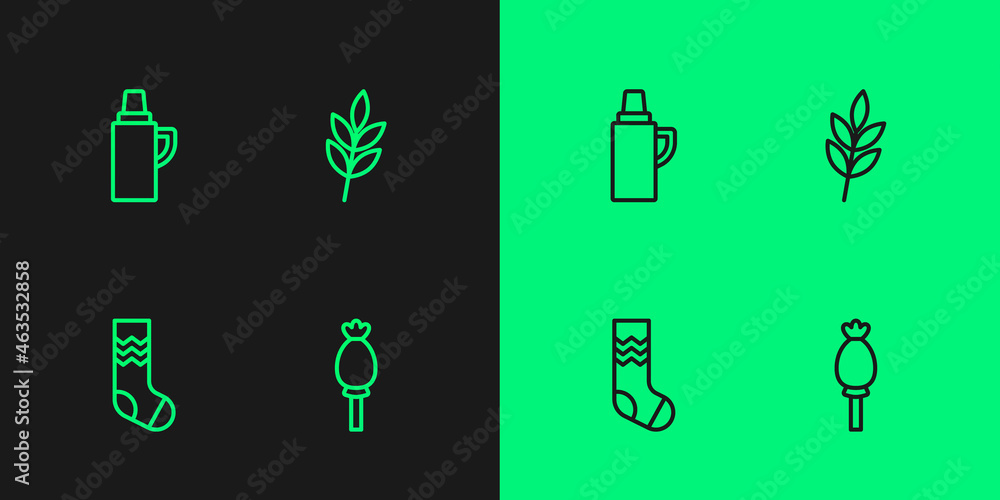 Set line Opium poppy, Socks, Thermos container and Leaf icon. Vector Set line Opium poppy, Socks, Thermos container and Leaf icon. Vector