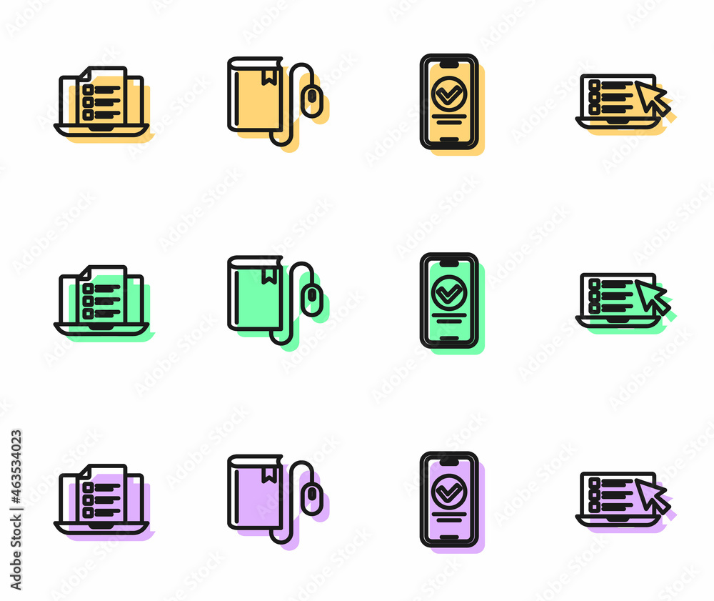 Set line Online quiz, test, survey, Electronic book with mouse and icon. Vector Set line Online quiz, test, survey, Electronic book with mouse and icon. Vector