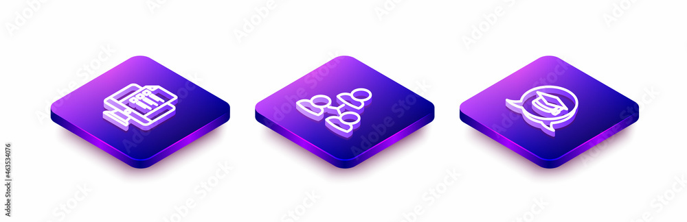 Set Isometric line Online quiz, test, survey, class and Graduation cap speech bubble icon. Vector Set Isometric line Online quiz, test, survey, class and Graduation cap speech bubble icon. Vector