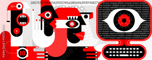 People under influence of global social media. Three people are looking at a computer screen, a large digital eye is watching them from the screen. Red, black, grey and white vector illustration.