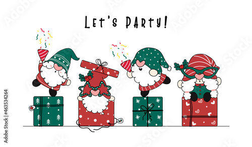 Group of Cute and funny Gnome in red and green Santa costume doing party on gift boxes, Christmas and happy new year, cartoon doodle hand drawn