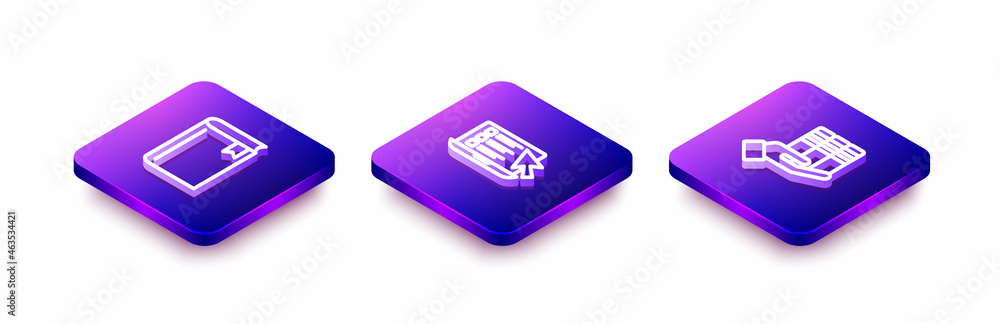 Set Isometric line Book, Online quiz, test, survey and donation icon. Vector Set Isometric line Book, Online quiz, test, survey and donation icon. Vector