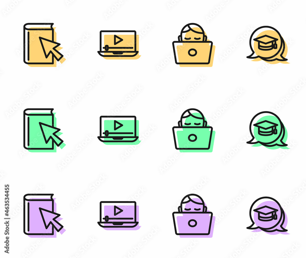 Set line Student working at laptop, Online book, play video and Graduation cap speech bubble icon. Vector Set line Student working at laptop, Online book, play video and Graduation cap speech bubble icon. Vector