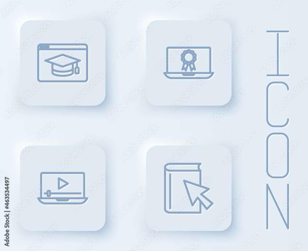 Set line Online education, with diploma, play video and book. White square button. Vector Set line Online education, with diploma, play video and book. White square button. Vector