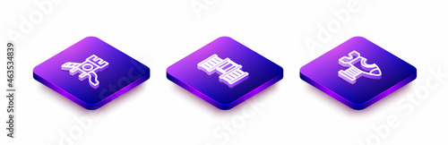 Set Isometric line Slide playground, Swedish wall and Swing plane icon. Vector