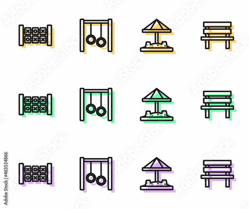 Set line Sandbox with sand, Education logic game, Gymnastic rings and Bench icon. Vector