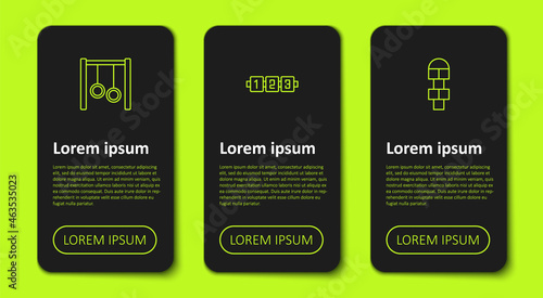 Set line Gymnastic rings, Education logic game and Hopscotch. Business infographic template. Vector