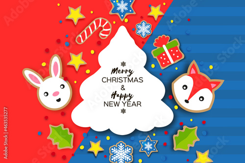 Happy New Year and Merry Christmas Greeting card. Christmas gingerbread paper cut style. Animals. Deer, Fox, Rabbit. Christmas tree frame. Winter holidays.