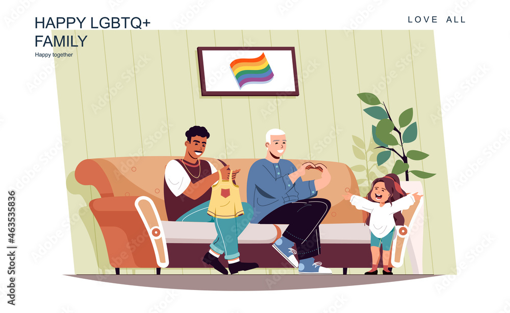 Happy LGBT family concept. Male fathers take care of little daughter at home. Multiracial homosexual couple, gay relationship, childhood and parenthood. Vector illustration of people in flat design