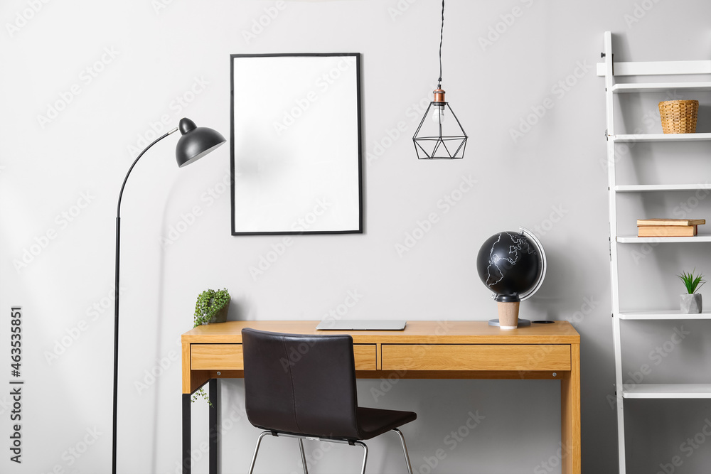 Stylish wooden table in interior of modern room - obrazy, fototapety, plakaty 