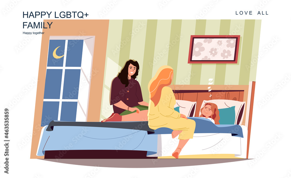 Fototapeta premium Happy LGBT family concept. Female mothers put little daughter to bed at home. Diverse homosexual couple, lesbian relationship, parenthood and motherhood. Vector illustration of people in flat design