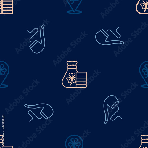 Set line Clover trefoil leaf, Smoking pipe and Money bag with clover on seamless pattern. Vector
