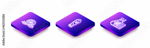 Set Isometric line Medal with clover, Glass of beer and Money bag icon. Vector
